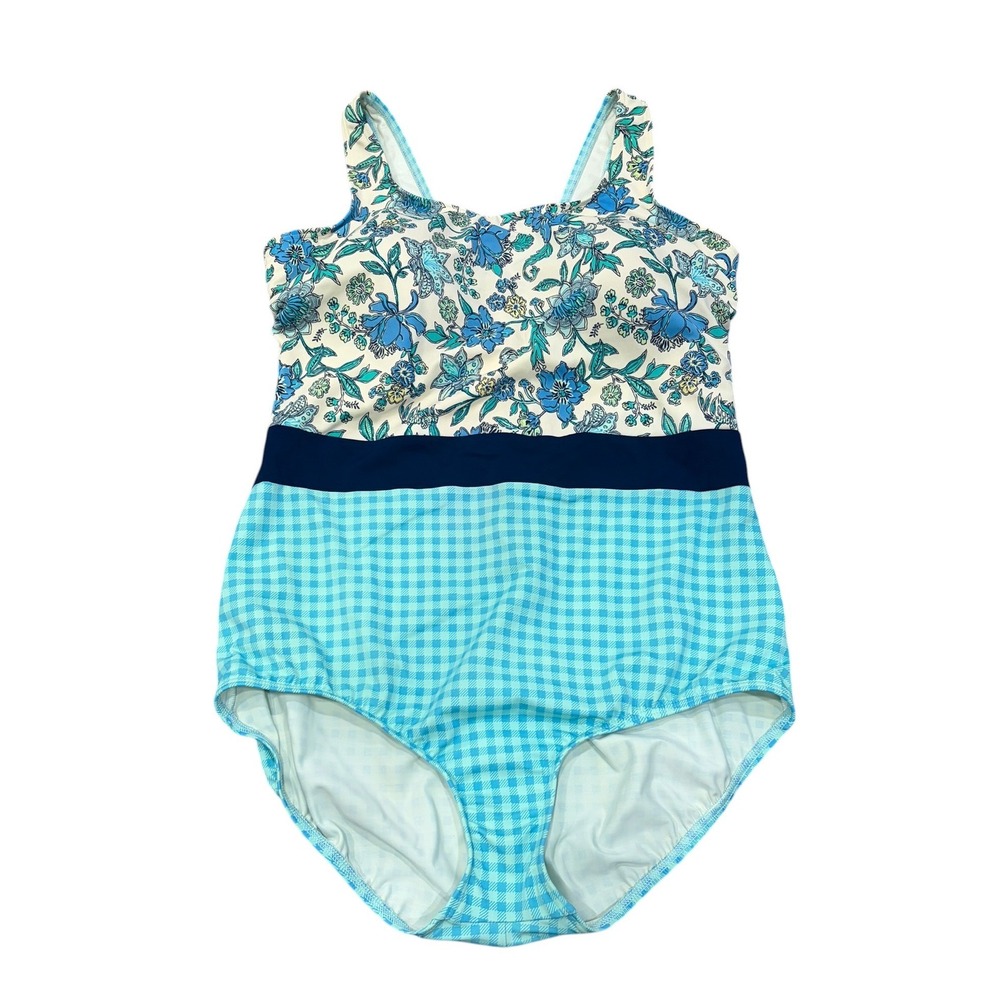 Lands End Womens One Piece Swimsuit 16 DDD Blue Floral Gingham Scoop Neck Summer
